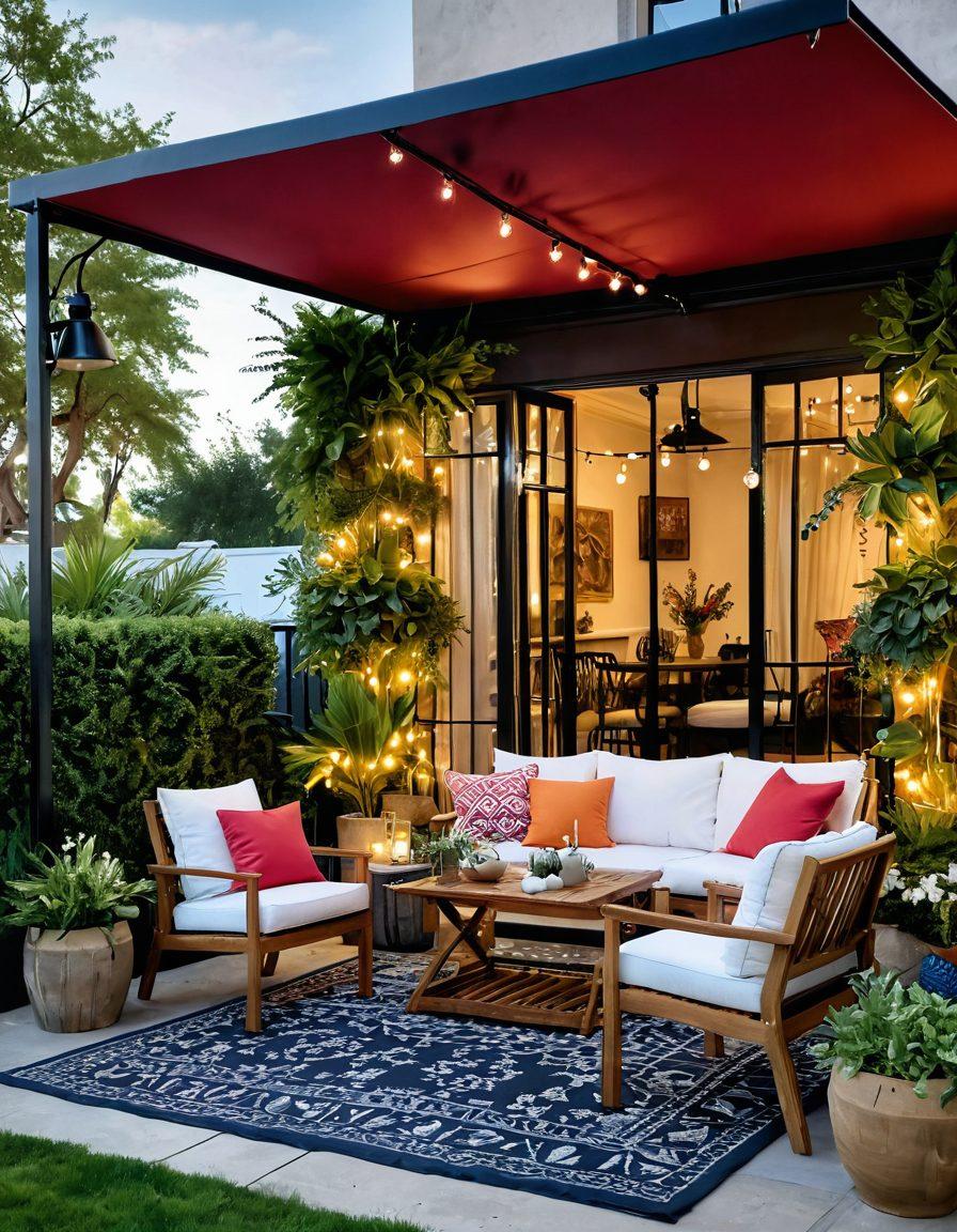 A beautifully designed outdoor space showcasing diverse awnings and canopies in vibrant colors, adorned with stylish outdoor furniture and lush greenery. Include elements like twinkling fairy lights and tasteful decorations that evoke a cozy atmosphere. The scene should capture the essence of transformation and creativity in outdoor living. super-realistic. vibrant colors.