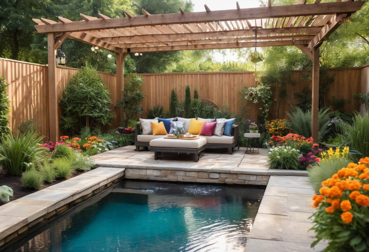 A stunning backyard oasis featuring a cozy seating area surrounded by lush greenery, vibrant flowers, and a stylish shade structure made from natural materials. Include decorative outdoor cushions, twinkling string lights, and an elegant water feature in the background, creating a tranquil atmosphere. The scene should evoke inspiration for creating a personal outdoor retreat. vibrant colors. super-realistic. bright sunlight.